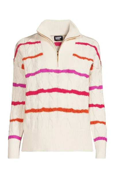 Lands' End Drifter Cotton Quarter Zip Pullover Sweater In Fresh Ivory Wide Multi Stripe