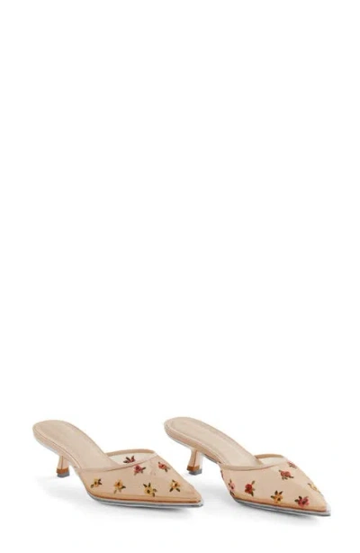 Reformation Wilda Pointed Toe Kitten Mule In Embroidered Nude Mesh