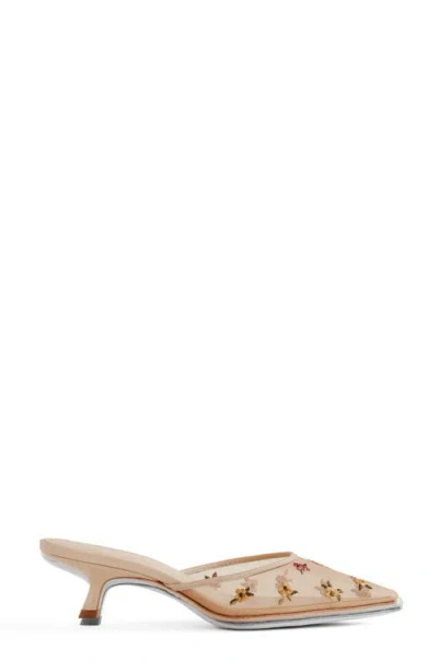 Reformation Wilda Pointed Toe Kitten Mule In Embroidered Nude Mesh