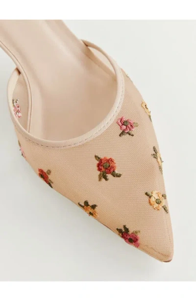 Reformation Wilda Pointed Toe Kitten Mule In Embroidered Nude Mesh