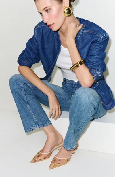 Reformation Wilda Pointed Toe Kitten Mule In Embroidered Nude Mesh