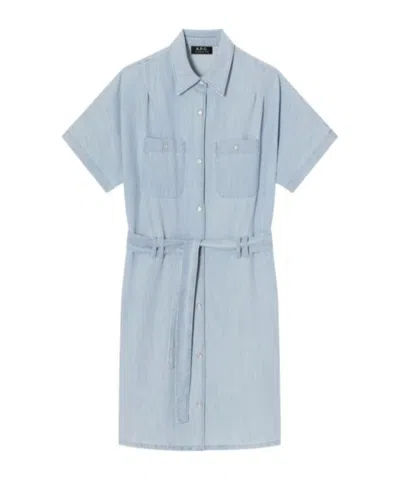 Apc A.p.c. 'suzanne' Light Blue Dress With Patch Pockets On The Chest And Waist Belt In Cotton Woman In Multicolor