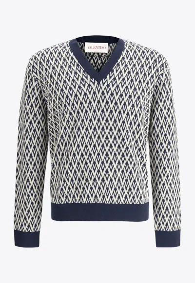 Valentino Geometric Zigzag Knitwear With V-neck Design In Gray