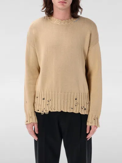Marni Distressed Crew Neck Knit With Ribbed Hem And Cuffs In Beige