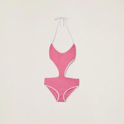 Miu Miu Technical Knit Swimsuit In Pink/white
