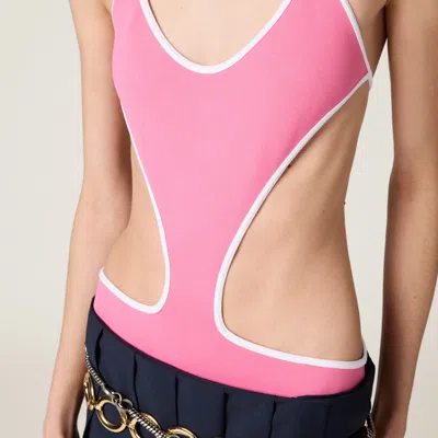 Miu Miu Technical Knit Swimsuit In Pink/white