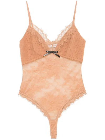 Self-portrait Tan Dot Mesh Bodysuit Clothing In Brown