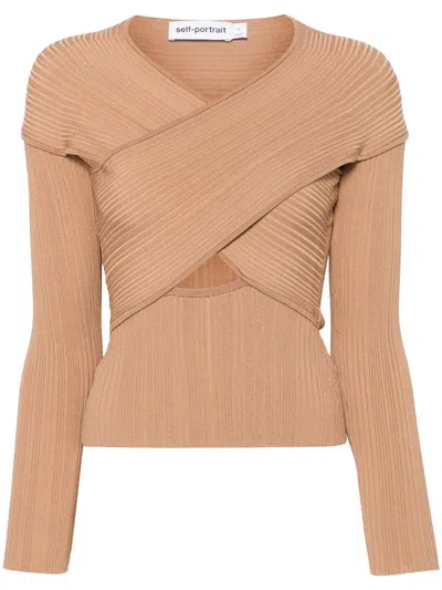 SELF-PORTRAIT SELF-PORTRAIT BEIGE RIBBED KNIT WRAP TOP CLOTHING 