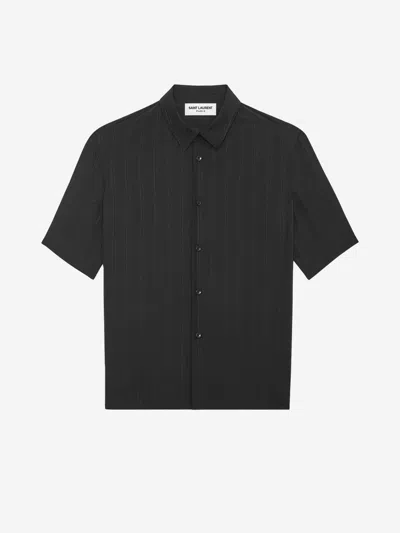 Saint Laurent Tonal Stripe Short Sleeve Silk Button-up Shirt In Black
