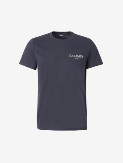 Balmain Short Sleeves Round Neck Straight Hem In Navy Blue