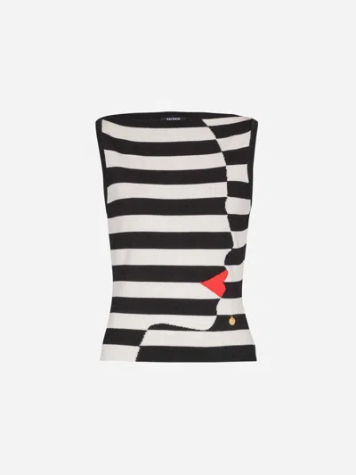 Balmain Boat-neck Face Mariniere Knit Tank Top In Black & White