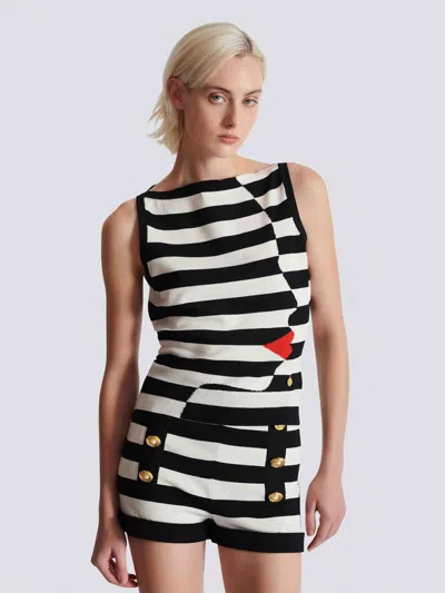 Balmain Boat-neck Face Mariniere Knit Tank Top In Black & White