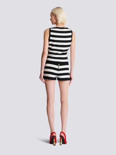 Balmain Boat-neck Face Mariniere Knit Tank Top In Black & White
