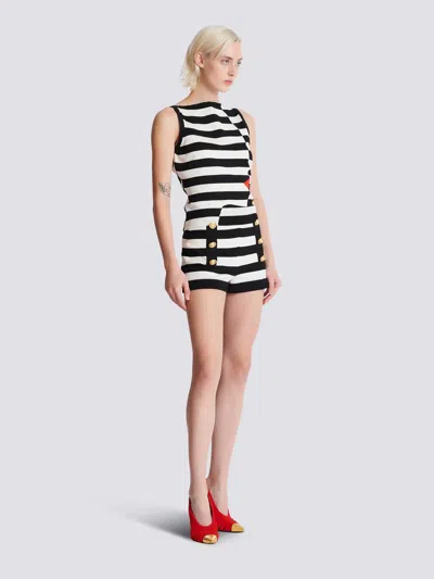 Balmain Boat-neck Face Mariniere Knit Tank Top In Black & White