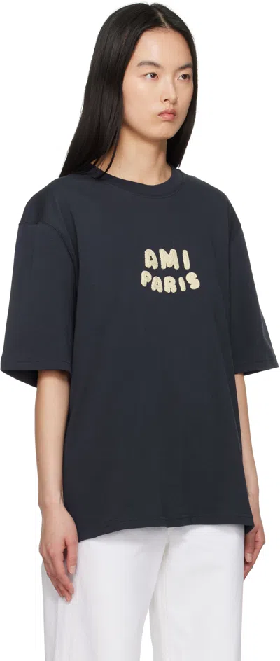 Ami Alexandre Mattiussi Boxy Navy T-shirt With Playful Logo Detailing In Black