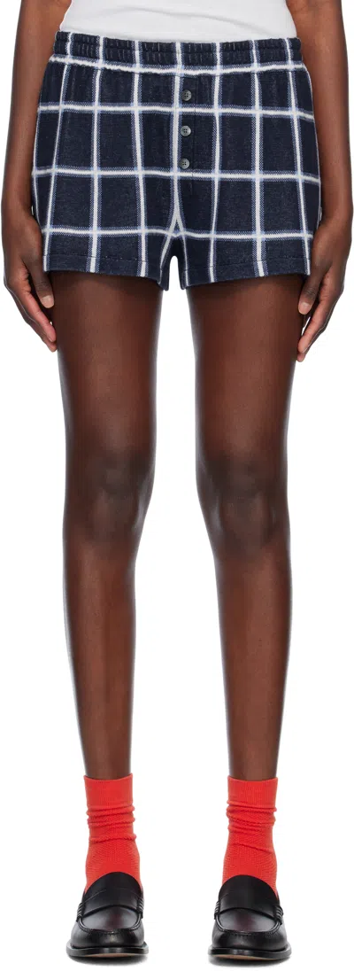 Guest In Residence Picnic Checked Silk And Linen-blend Shorts In Midco Midnight Combo