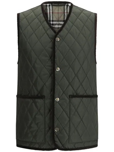 Burberry Quilted Green Gilet With Distinctive Button Closure In Green