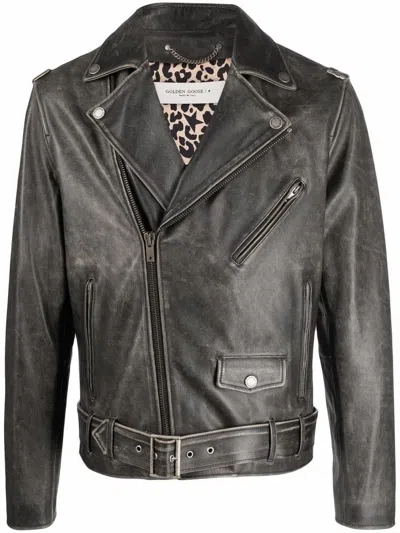 Golden Goose Black Biker Jacket With Notched Revers And Leopard Lining In Black