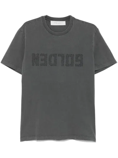 Golden Goose Green Crewneck T-shirt With Logo On The Front And Logo Patch On The Front In Grey