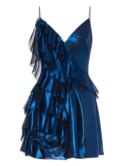 Alberta Ferretti Shiny Dress Frilled Spaghetti Straps In Blue