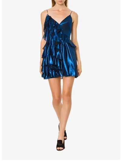 Alberta Ferretti Shiny Dress Frilled Spaghetti Straps In Blue