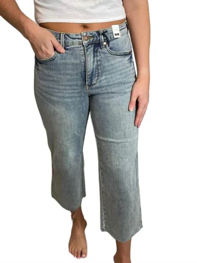 Judy Blue Mid Rise Tummy Control Raw Hem Wide Crops In Blue In Blue