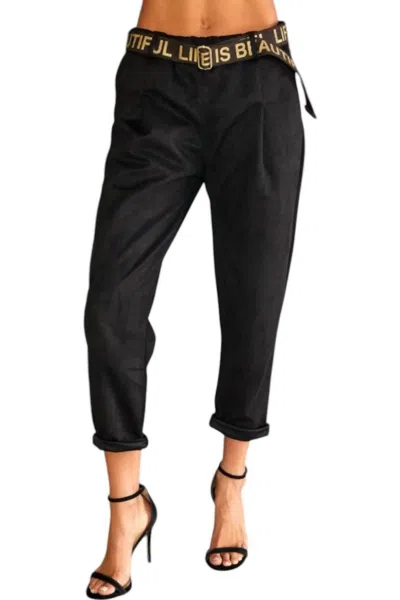 Venti6 Renata Darted Faux Suede Elastic Waist Pant With Belt In Black In Black