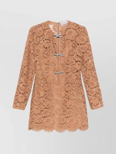 Self-portrait Tan Lace Bow Mini Dress Clothing In Brown