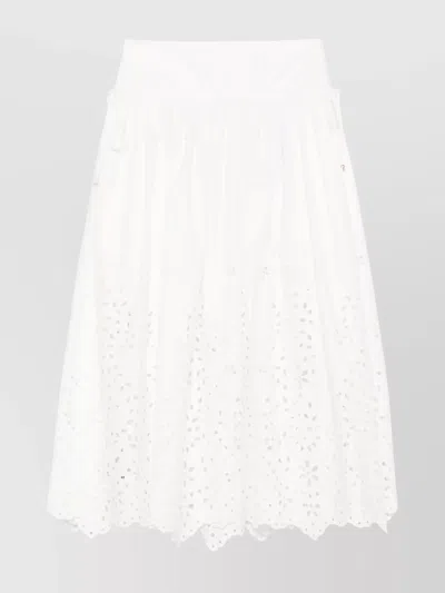 Self-portrait White Midi Skirt With Side Gathered Details And All-over Embroidery
