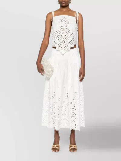 Self-portrait White Midi Skirt With Side Gathered Details And All-over Embroidery