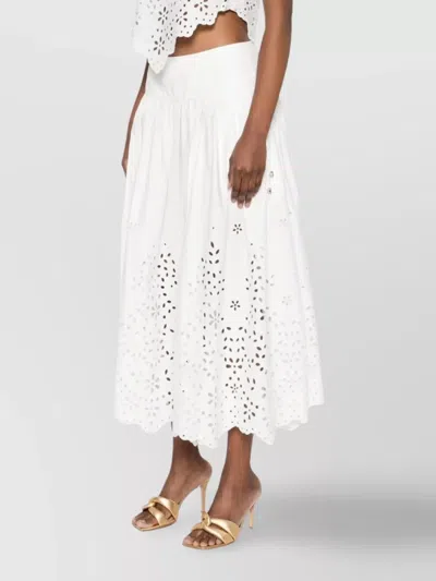 Self-portrait White Midi Skirt With Side Gathered Details And All-over Embroidery