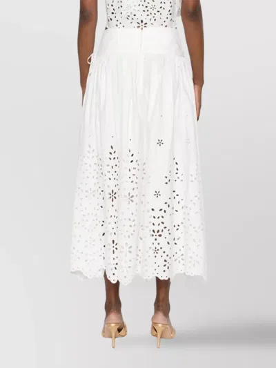 Self-portrait White Midi Skirt With Side Gathered Details And All-over Embroidery