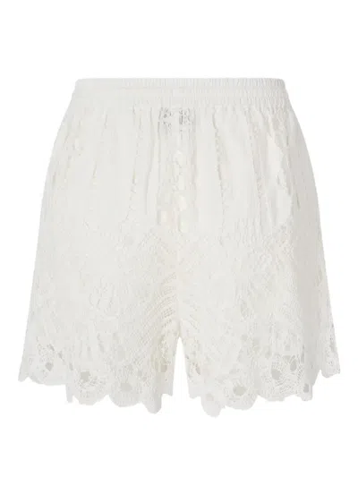 Pinko Elastic Waistband Macramé Lace Shorts In White