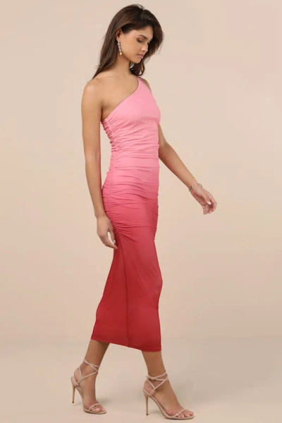 Lulus Beautiful Perception Pink Ombre One-shoulder Mesh Midi Dress In Pink