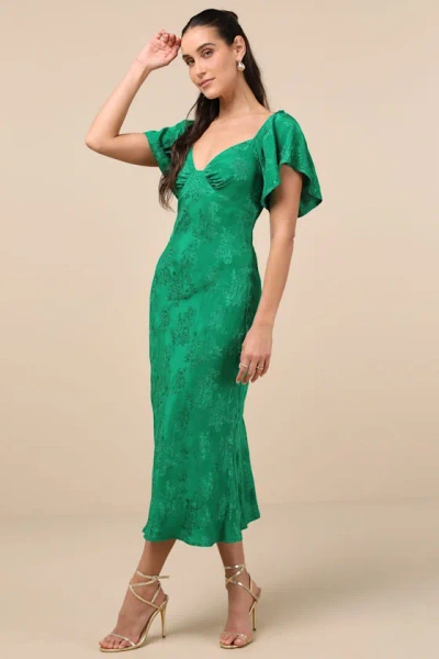 Lulus Effervescent Afternoon Green Satin Flutter Sleeve Midi Dress In Green