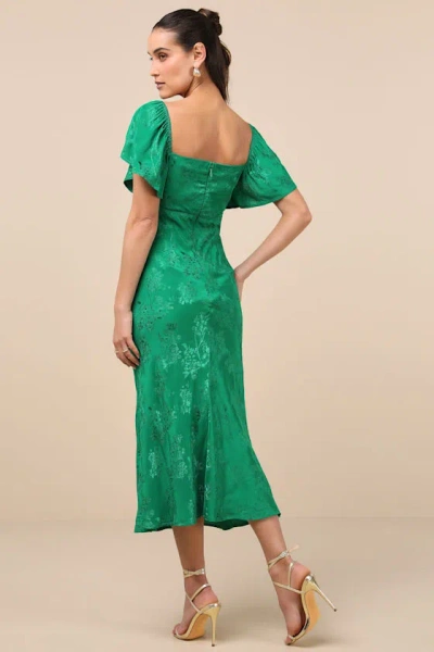 Lulus Effervescent Afternoon Green Satin Flutter Sleeve Midi Dress In Green
