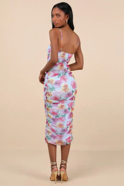 Lulus Blossoming Excellence Light Blue Floral Mesh Ruched Midi Dress In Light Blue
