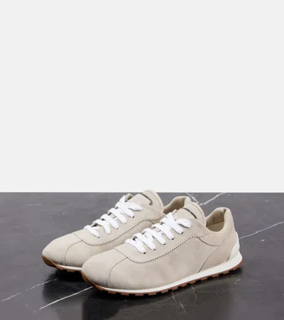 Brunello Cucinelli Suede Sneakers With Iconic Jewel Application In White