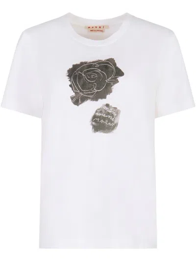 Marni White Crewneck T-shirt With Floral Print With Logo On The Front In White