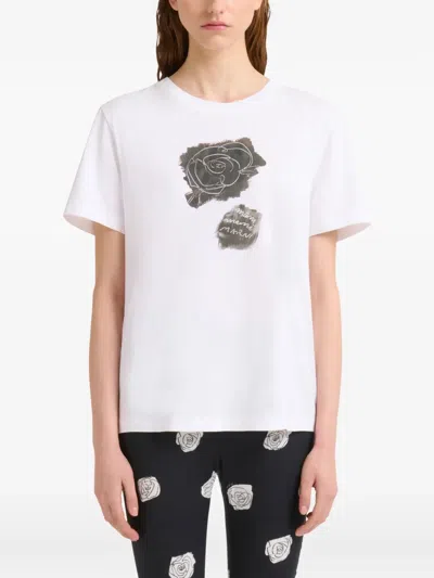 Marni White Crewneck T-shirt With Floral Print With Logo On The Front In White