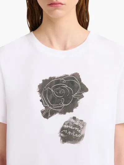 Marni White Crewneck T-shirt With Floral Print With Logo On The Front In White