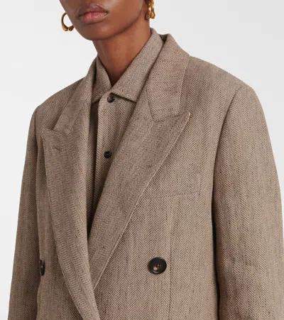 Loro Piana Genny Double-breasted Herringbone Linen Blazer In Brown