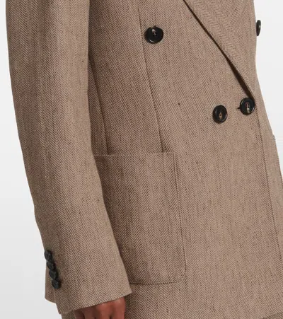 Loro Piana Genny Double-breasted Herringbone Linen Blazer In Brown