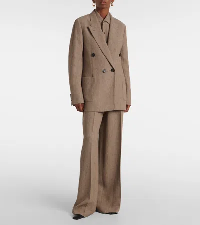 Loro Piana Genny Double-breasted Herringbone Linen Blazer In Brown