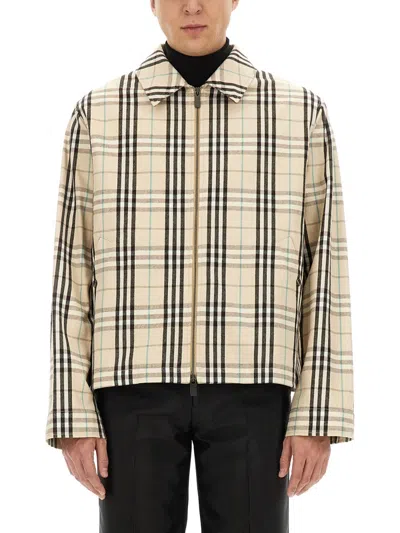 Burberry Check Cotton Harrington Jacket In Cream