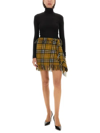Burberry Cashmere Blend Scarf Miniskirt With Tartan Motif And Fringes In Multicolor
