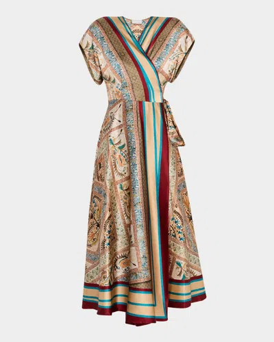 Pierre-louis Mascia Wrap Maxi Dress With Intricate Patterns In Gold Multi