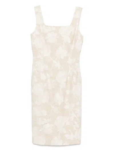 Blugirl Beige Midi Dress With Roses And Slit In Nude