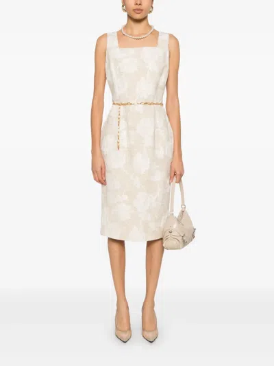 Blugirl Beige Midi Dress With Roses And Slit In Nude