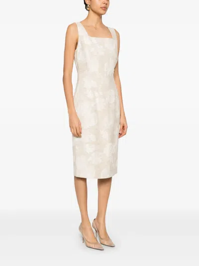 Blugirl Beige Midi Dress With Roses And Slit In Nude